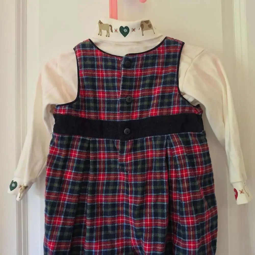 Flourishing Baby 24M Plaid Farm Animal Romper Turtleneck Set 90s